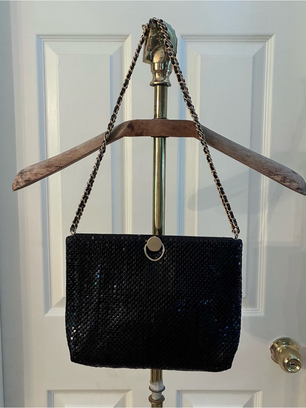 Vintage 70s Whiting & Davis Black Gold Chain Metal Mesh Shoulder Clutch Purse